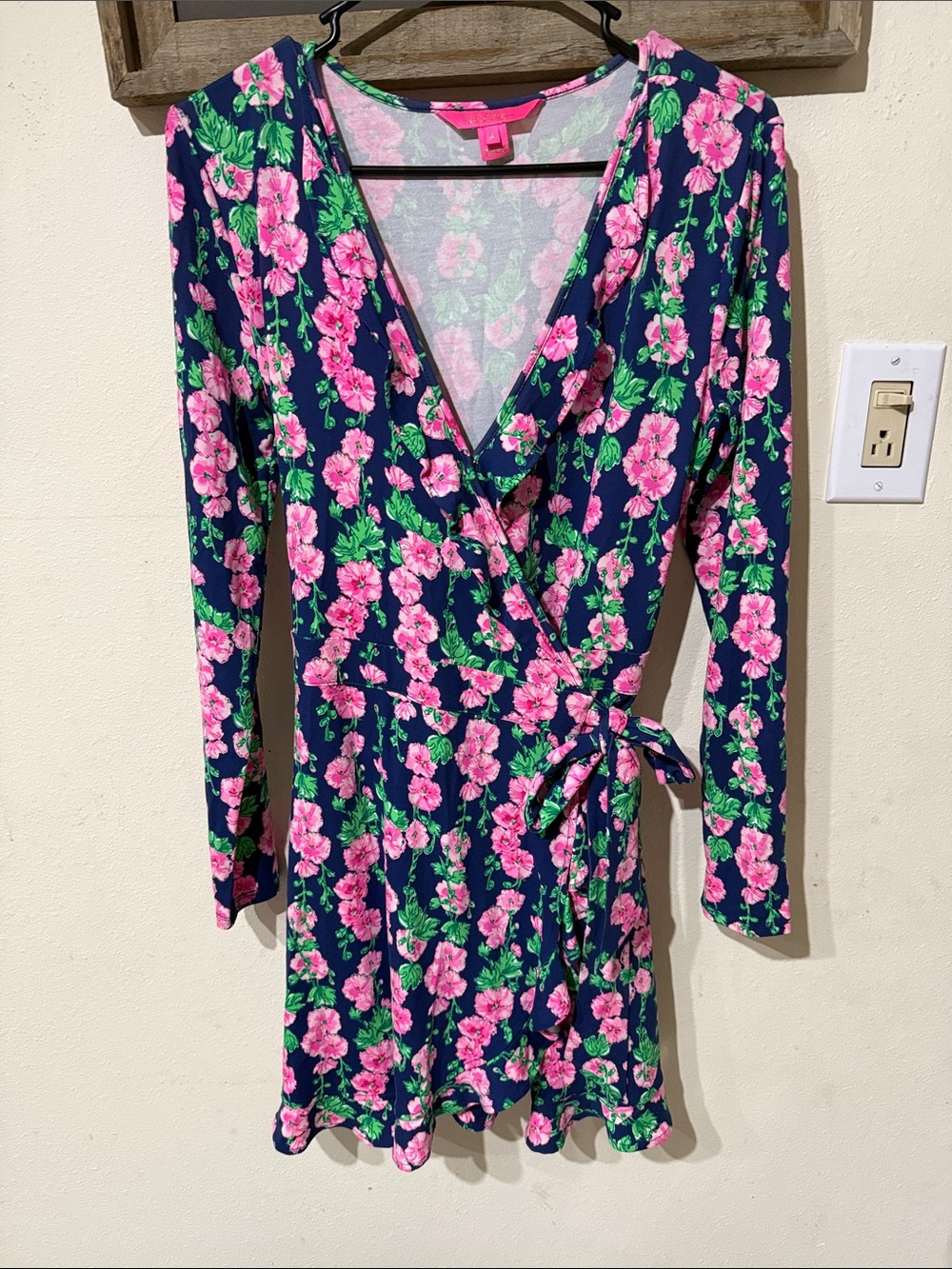 Lilly Pulitzer Navy Pink Green Floral Wrap Romper Long Sleeve
